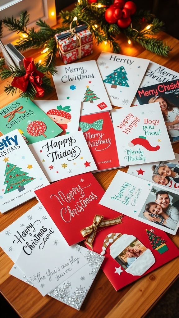 A variety of colorful Christmas cards on a wooden table, showcasing festive designs and messages.